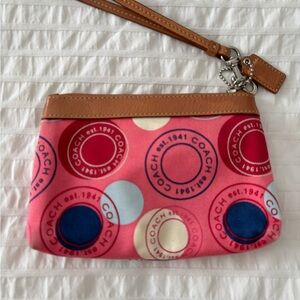 COACH Pink Multicolor Circle Print Wristlet with Tan Strap